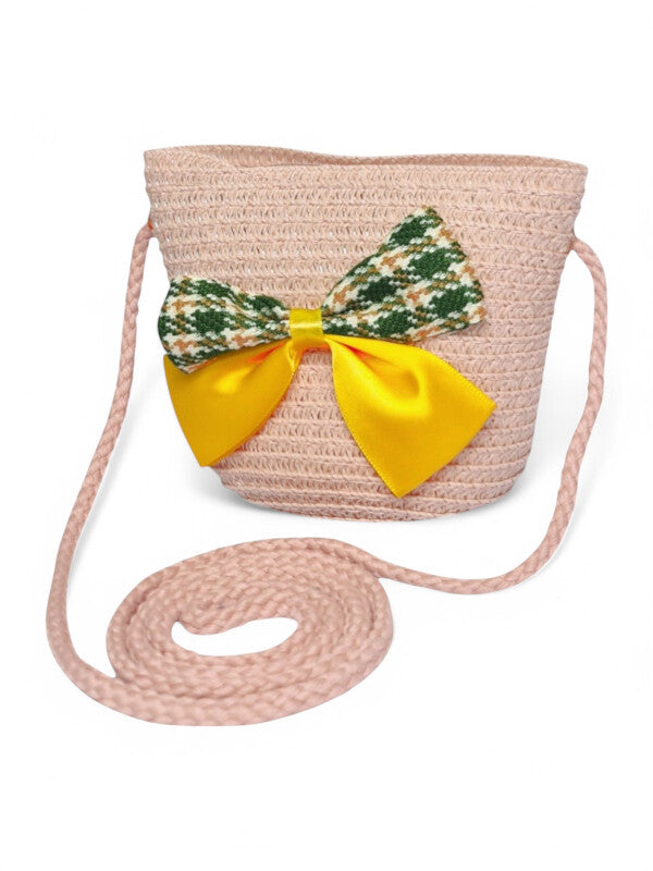 GIRLS STRAW SLING BAG - BOW - PINK - ±11×14×8 Cm