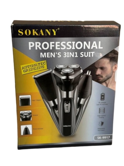 Sokany Pro Mens 3 In 1 Multi Shaver with 3 Head Accessory - Black with Silver Chrome
