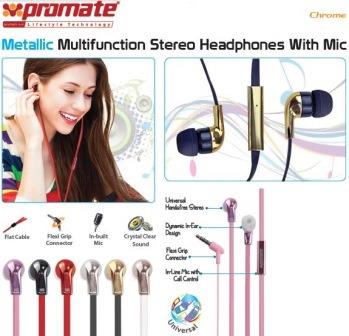 Promate Chrome Metallic Multifunction Stereo Headphones With Mic - Champagne