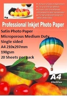 E-Box Satin Photo Paper- Microporous Coated Medium Duty - Single sided A4 210x297mm-190gsm-20 Sheets per pack