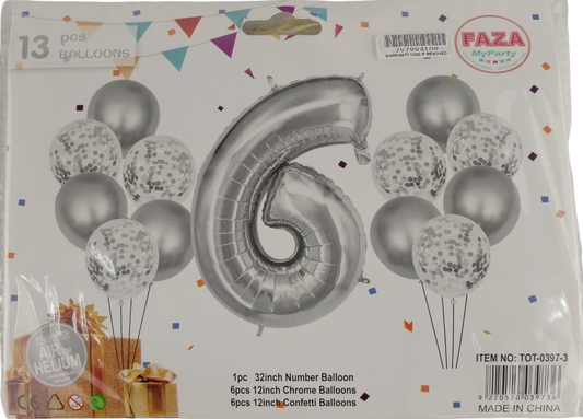 Casey 13pc Silver and White Balloon Set Nr.6 - 13Pc set consisting of 1 x 81cm Number Balloon