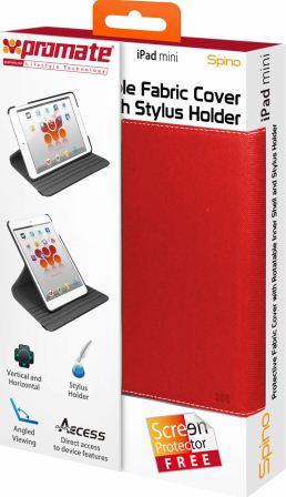 Promate Spino Protective Fabric Cover with Rotatable Inner Shell and Stylus Holder for iPad mini-Red