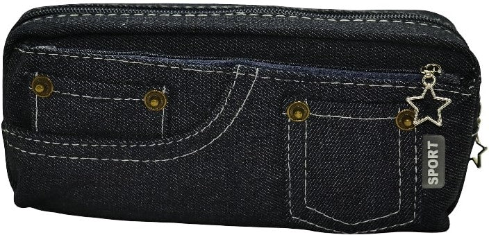 Brainware Dark Blue Denim Pencil Case - Two Zipped Compartments Case