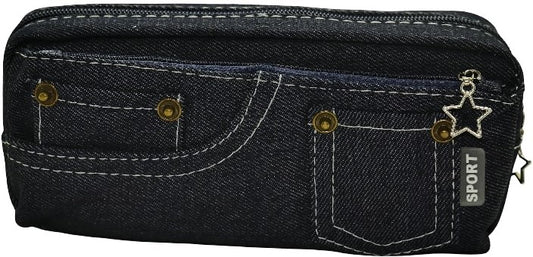 Brainware Dark Blue Denim Pencil Case - Two Zipped Compartments Case
