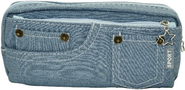 Brainware Blue Denim Pencil Case - Two Zipped Compartments Case