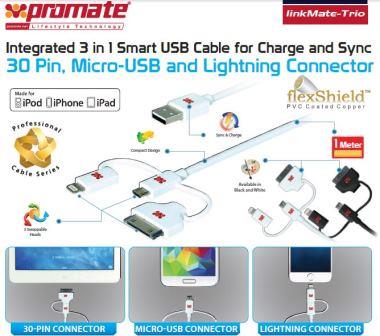 Promate linkMate-trio Integrated 3 in 1 Smart USB Cable for Charge and Sync Lightning