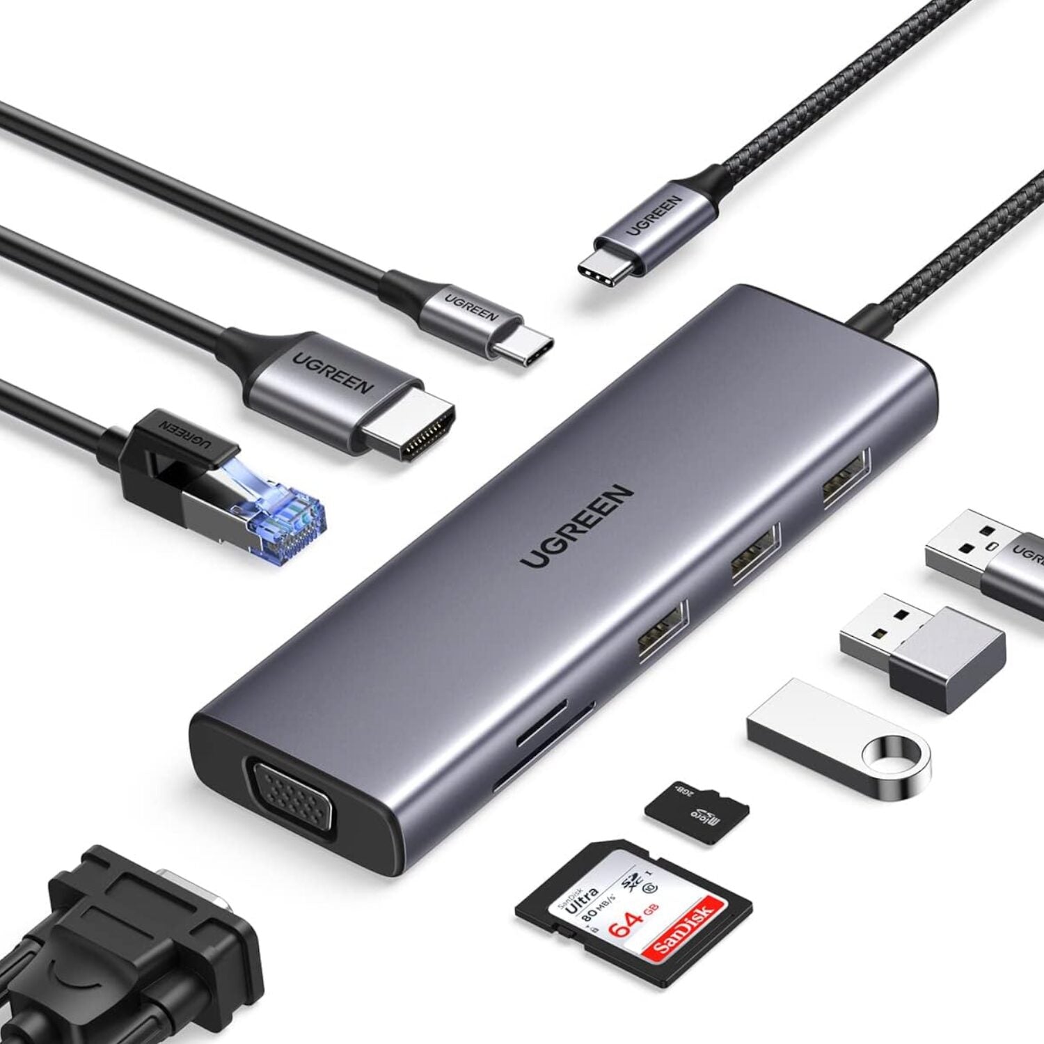 Ugreen 9-in-1 Type-C Hub - HDMI - VGA - LAN - SD/TF - 100W PD - USB3.0 - alternate product view 2