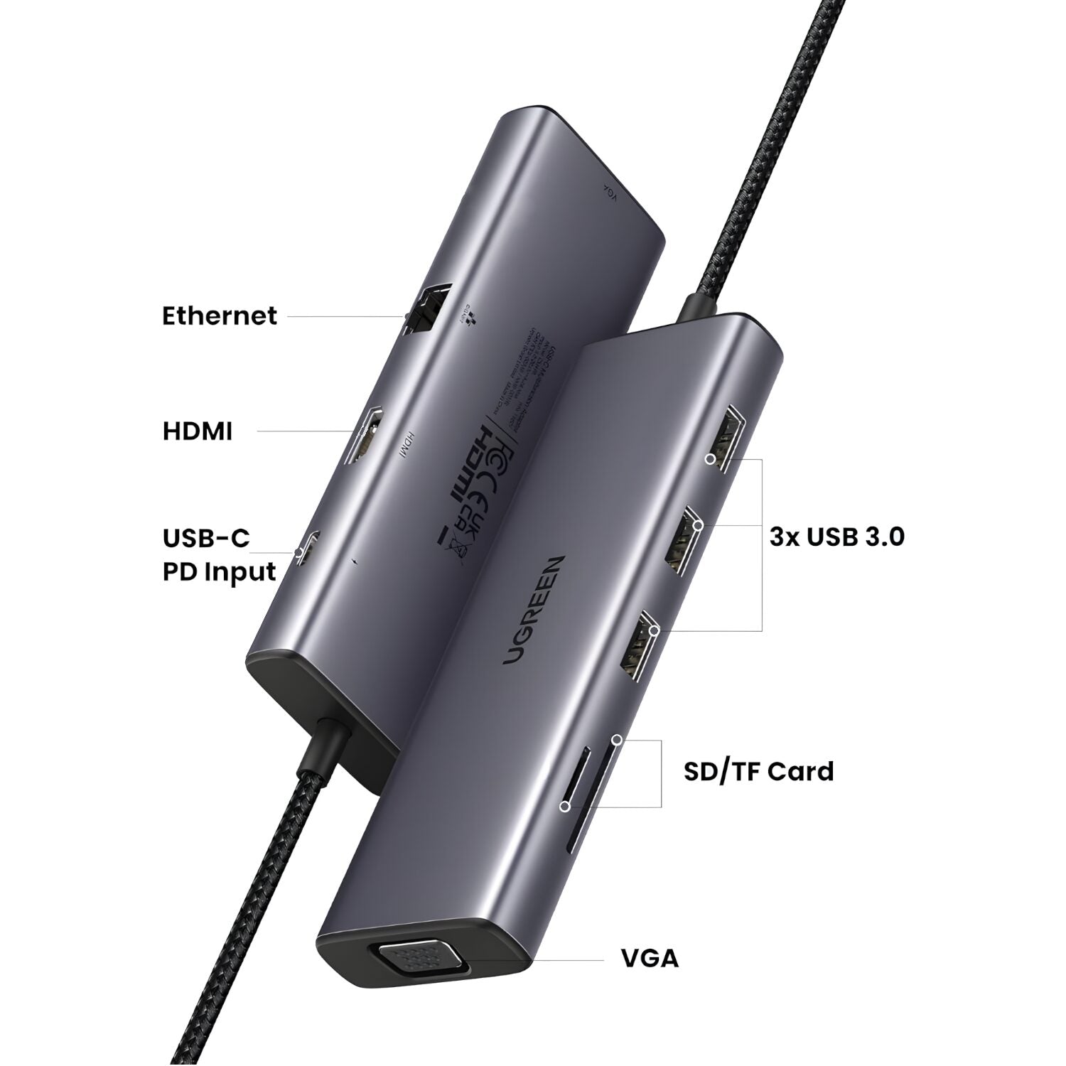 Ugreen 9-in-1 Type-C Hub - HDMI - VGA - LAN - SD/TF - 100W PD - USB3.0 - alternate product view 4