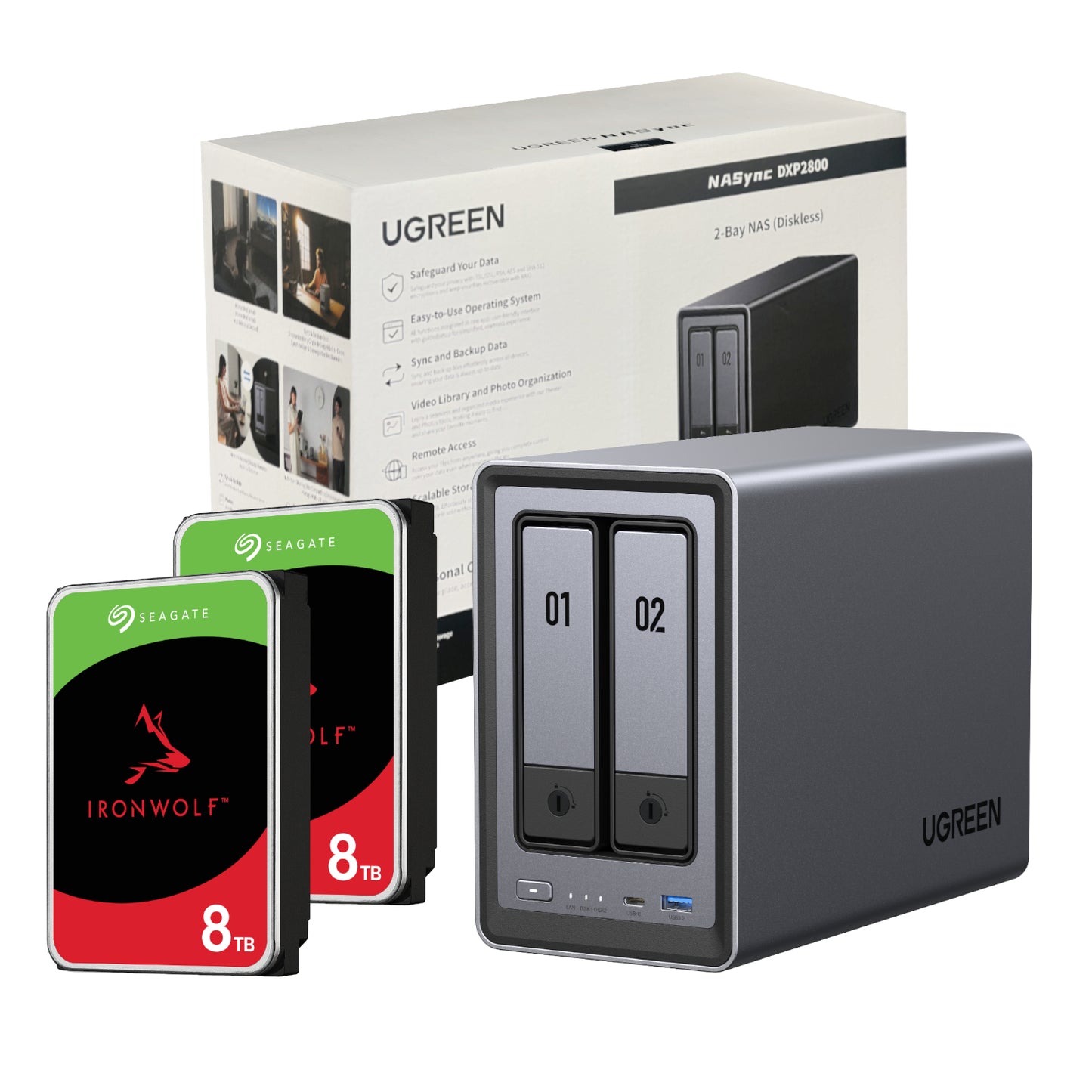 Ugreen NASync DXP2800 2 Bay NAS with Seagate Ironwolf NAS 16TB SATA Hard Drive V2 Bundle (2x 8TB)