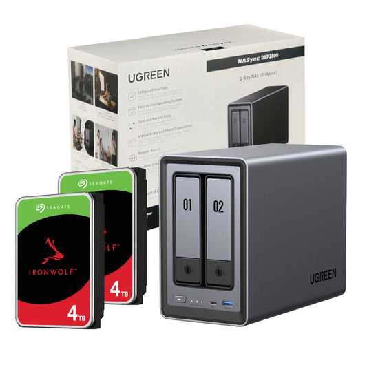 Ugreen NASync DXP2800 2 Bay NAS with Seagate Ironwolf NAS 8TB SATA Hard Drive Bundle (2x 4TB)
