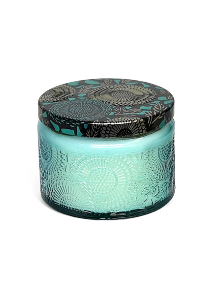 Scented Candle IN GLASS JAR WITH Patterned TIN LID - BLUE JAR