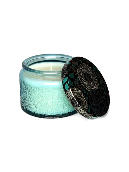 Scented Candle IN GLASS JAR WITH Patterned TIN LID - BLUE JAR - Image 2