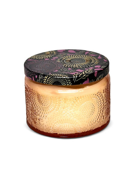 Scented Candle IN GLASS JAR WITH Patterned TIN LID - PEACH JAR