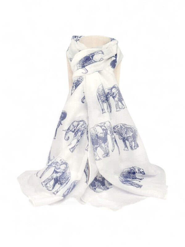 Cotton ROAD SCARF WITH Elephants - WHITE - 180×65 Cm