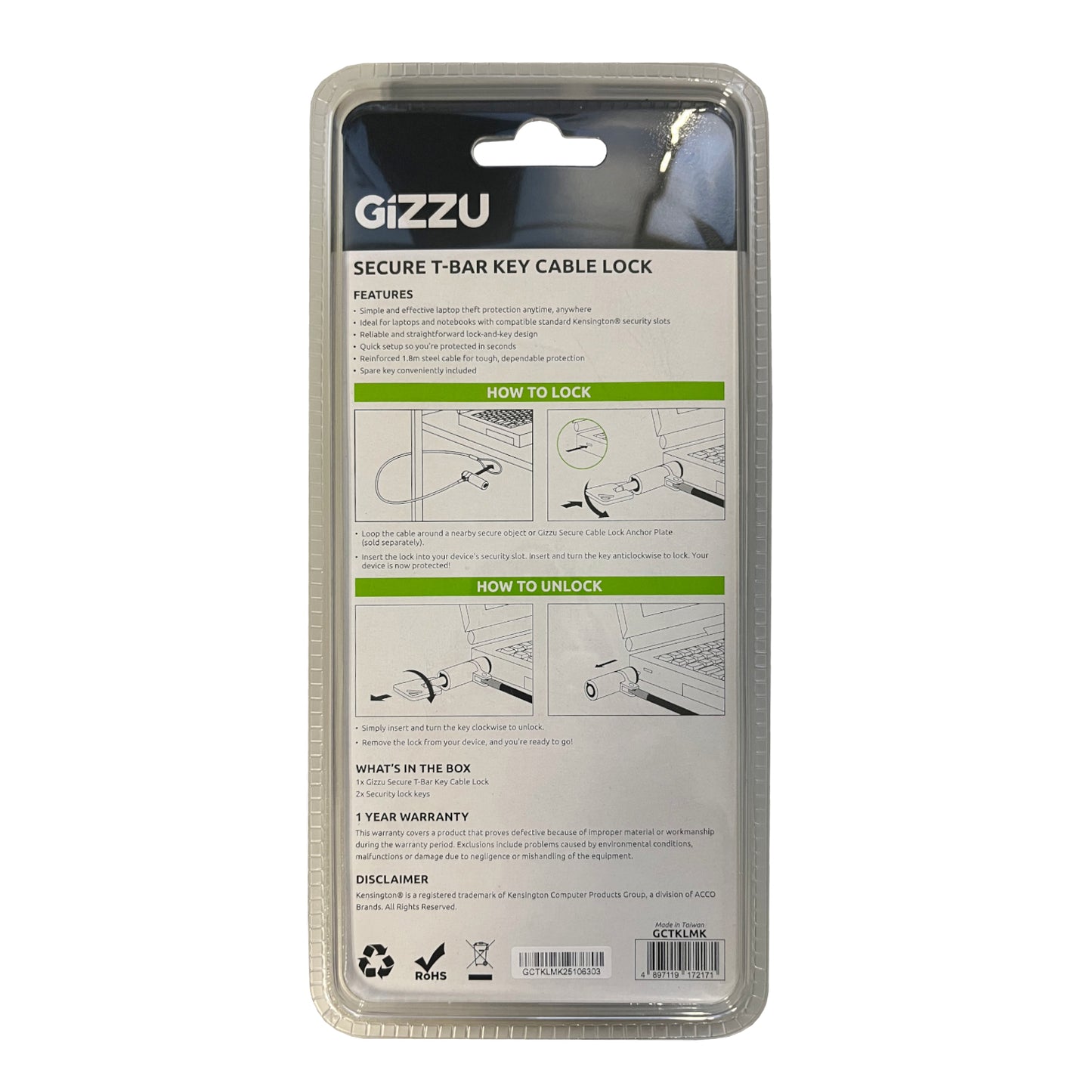 Gizzu 1.8m T-Bar Laptop Cable Lock Master Key Compatible - alternate product view 3