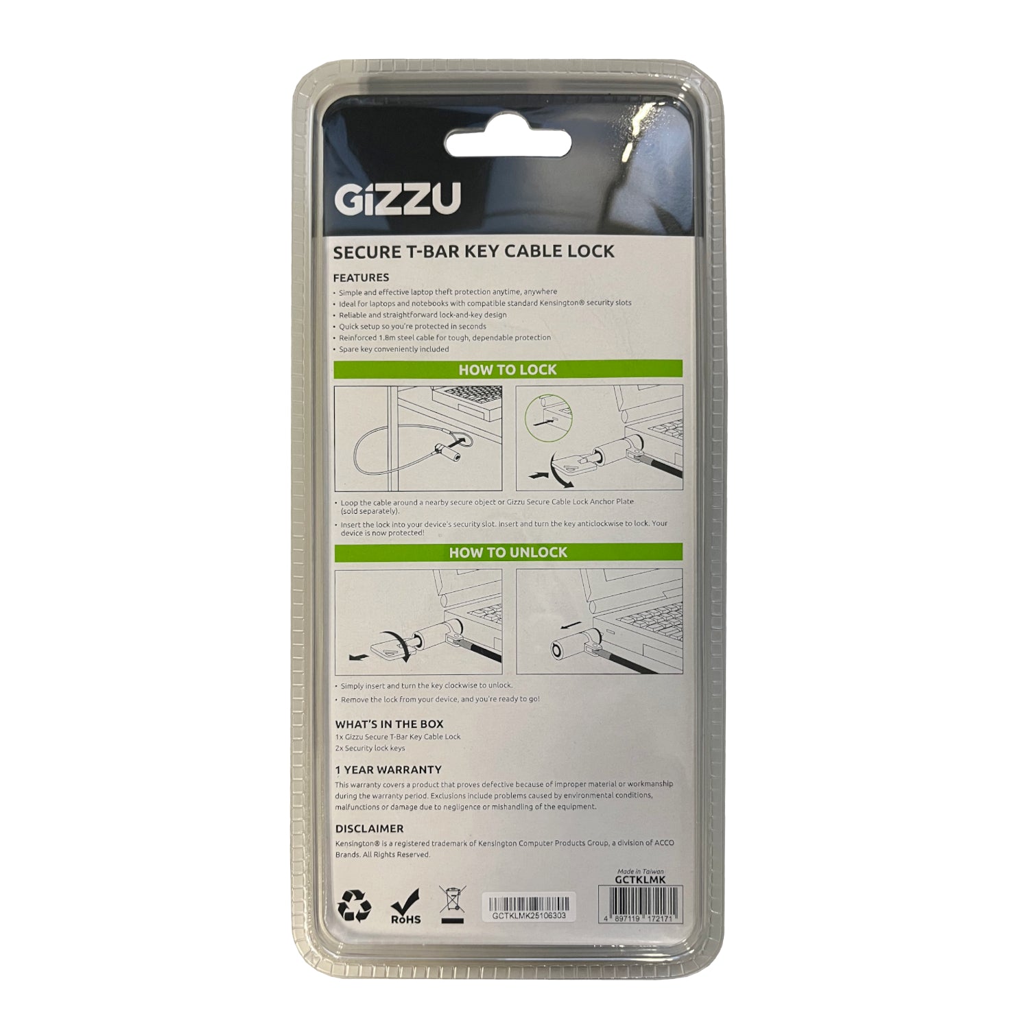 Gizzu 1.8m T-Bar Laptop Cable Lock Master Key Compatible - alternate product view 3