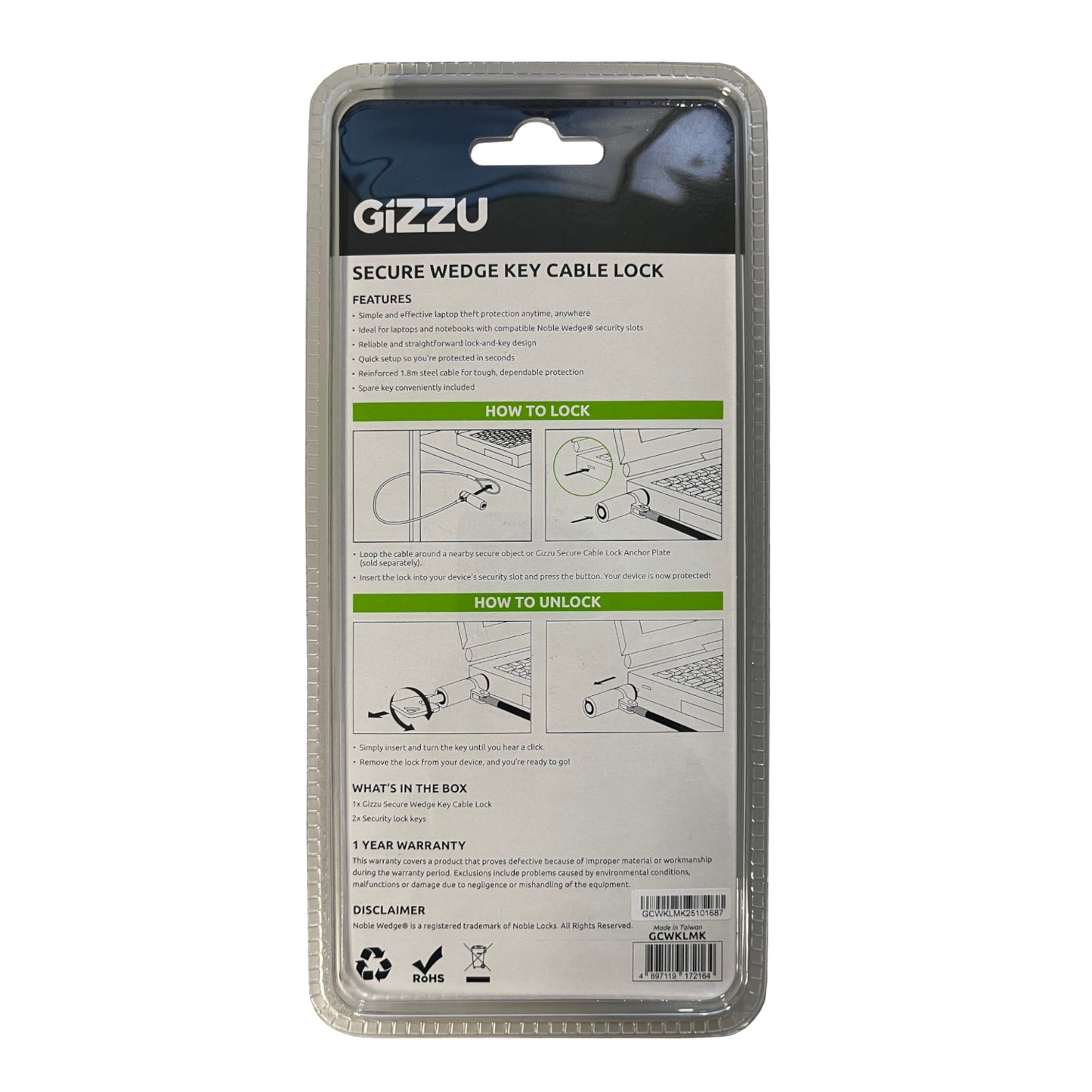 Gizzu 1.8m Wedge Cable Lock - alternate product view 3
