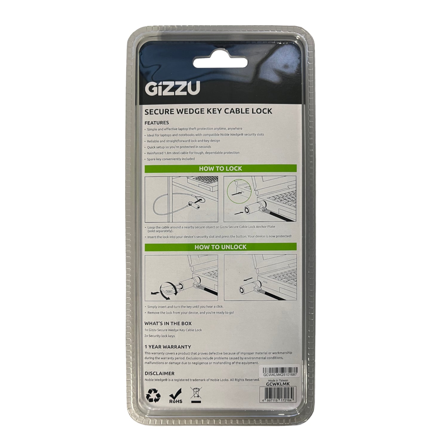 Gizzu 1.8m Wedge Cable Lock - alternate product view 3