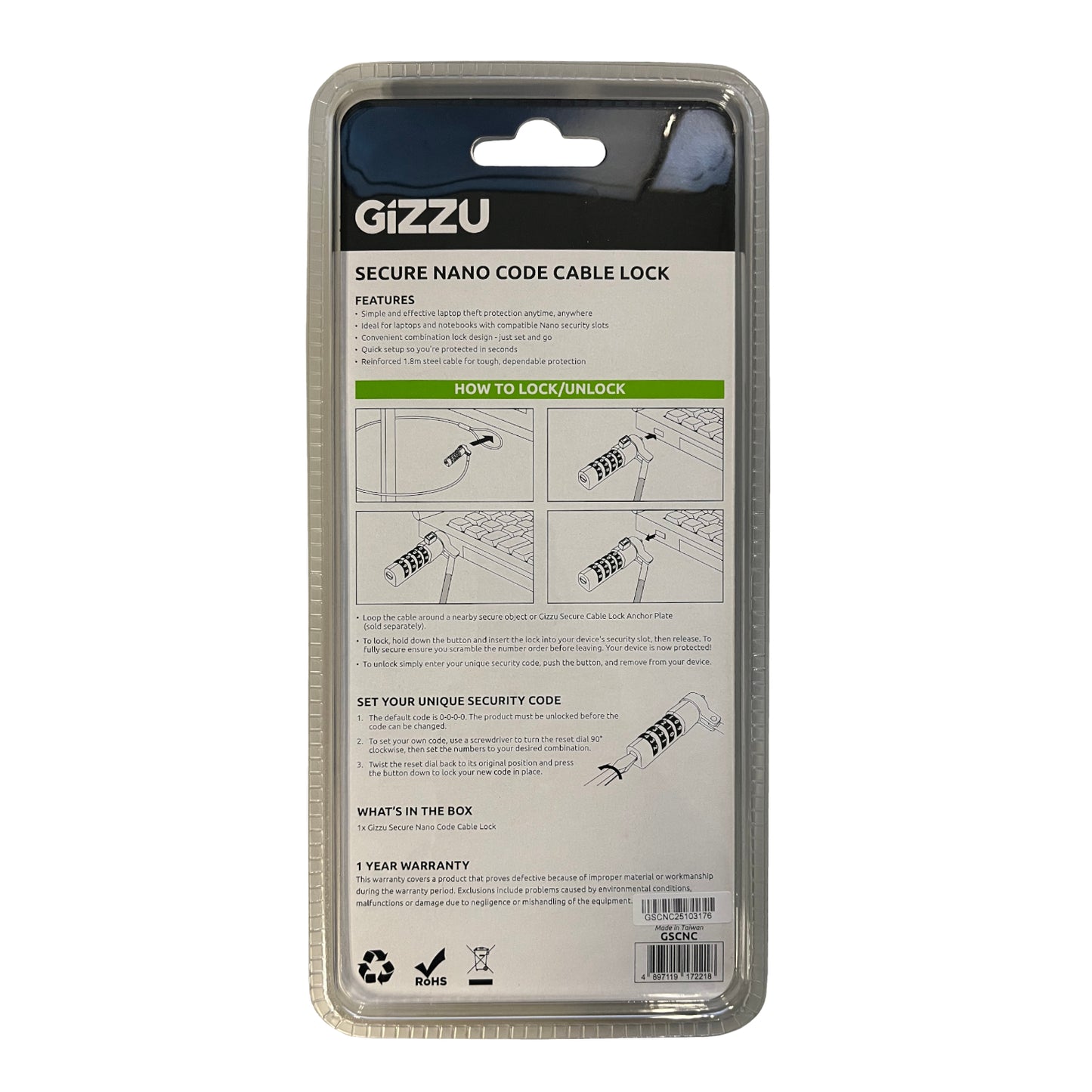 Gizzu 1.8m Nano Combination Lock Security Cable - alternate product view 3