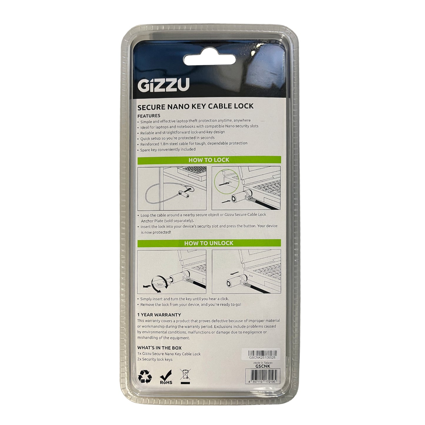 Gizzu 1.8m Nano Key Lock Security Cable with Key - alternate product view 3