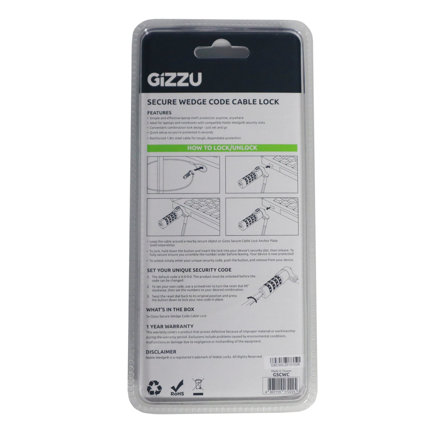 Gizzu Secure Wedge Code Cable Lock 1.8m - alternate product view 3