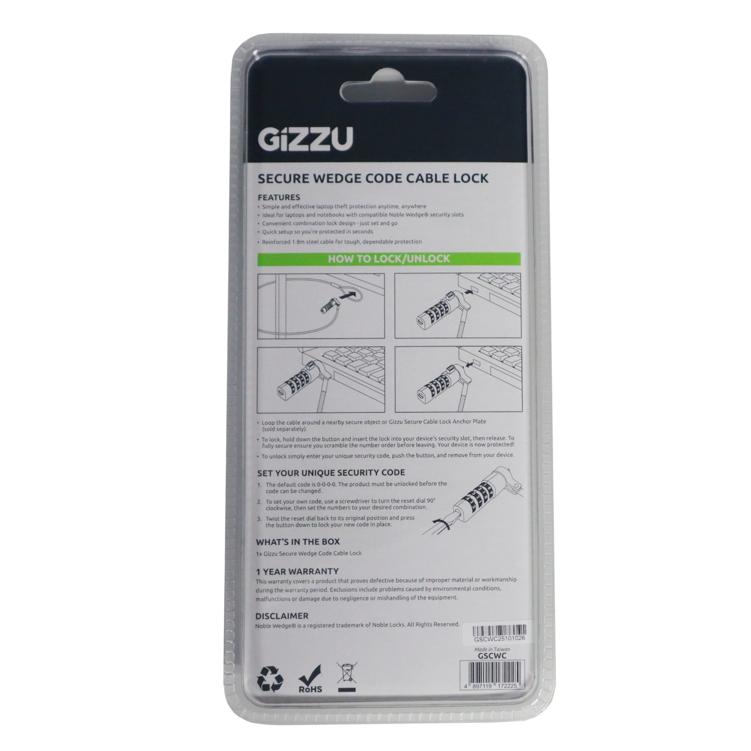 Gizzu Secure Wedge Code Cable Lock 1.8m - alternate product view 3