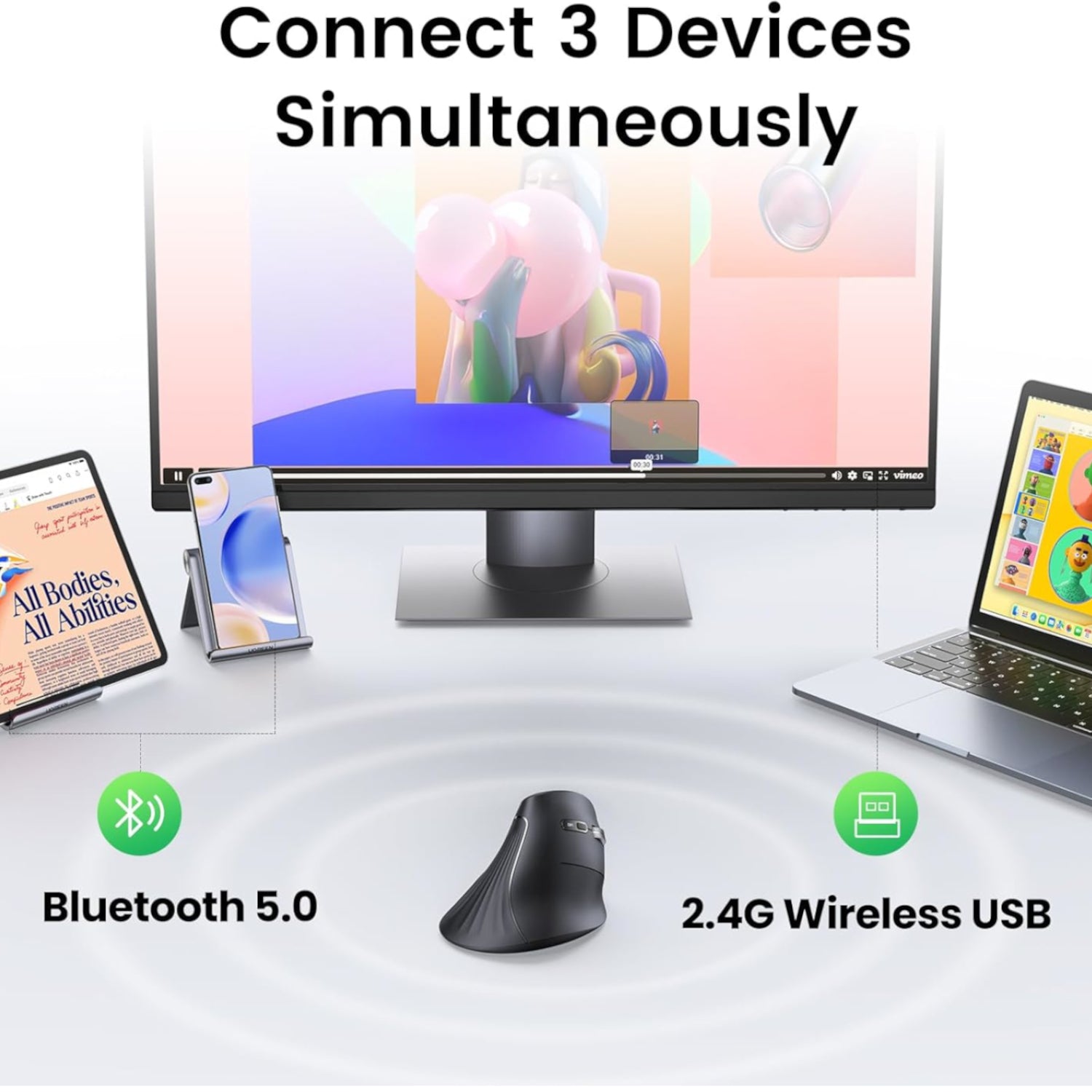 Ugreen Multi-Mode Vertical Mouse Bluetooth and 2.4G Wireless–Black - alternate product view 5
