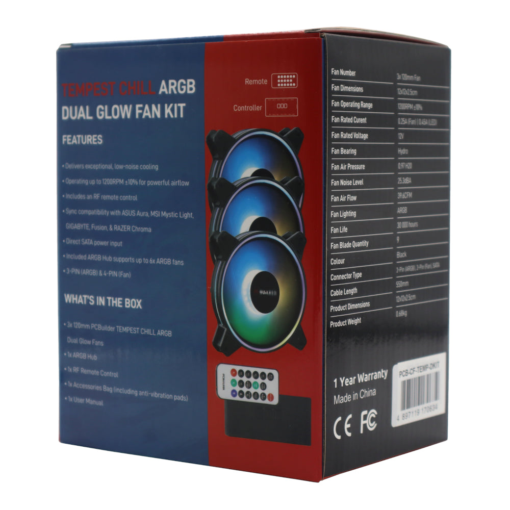 PCBuilder Tempest Chill Fan Kit 3x120MM Dual Glow ARGB Fan + Controller + RF Remote - alternate product view 4