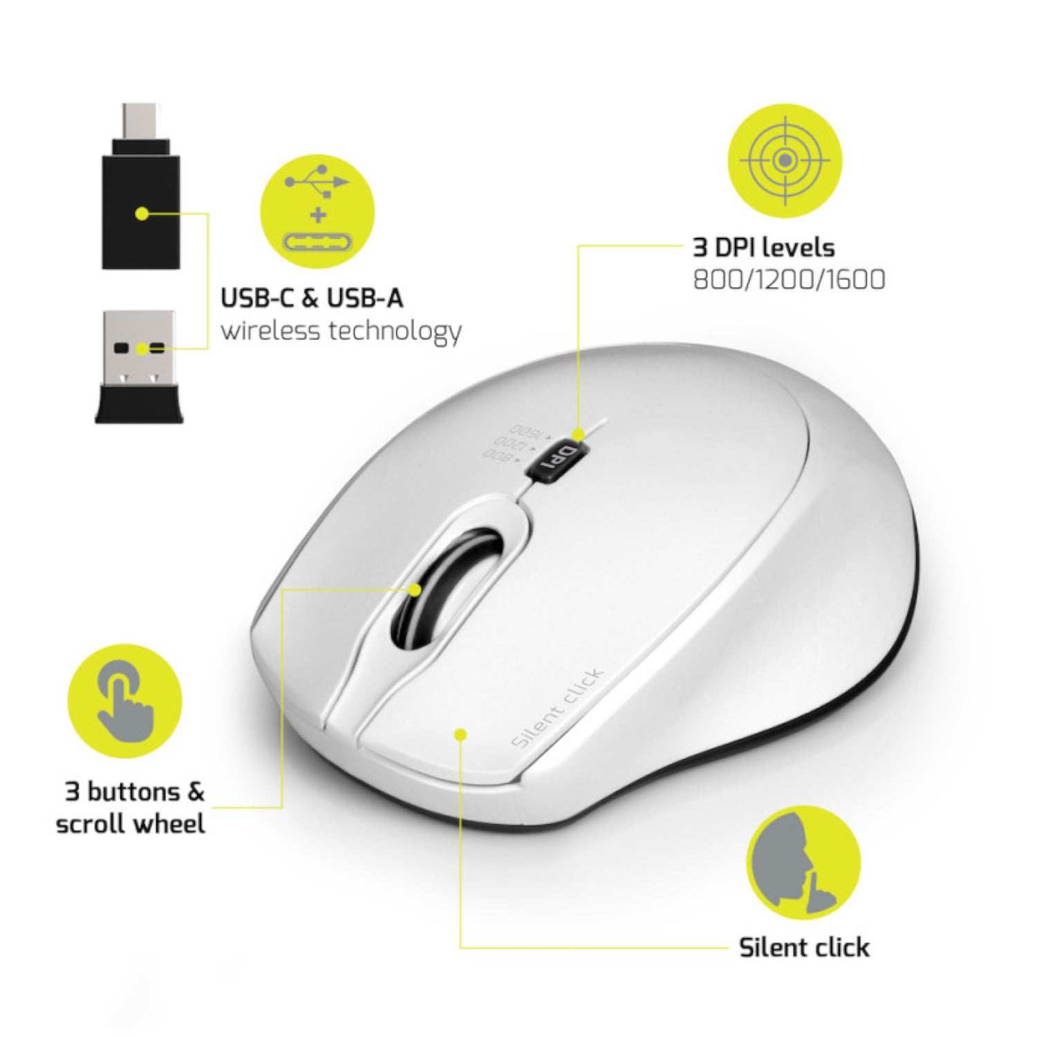 Port Connect Silent 1600DPI 3 Button Wireless Mouse - White - alternate product view 3