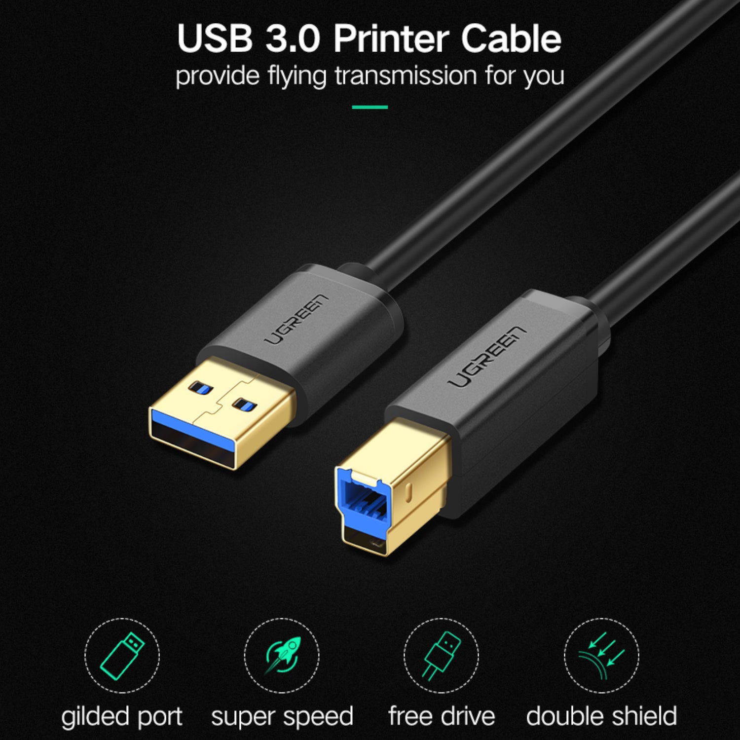 Ugreen US210 USB-A Printer Cable 2M - Black - alternate product view 4
