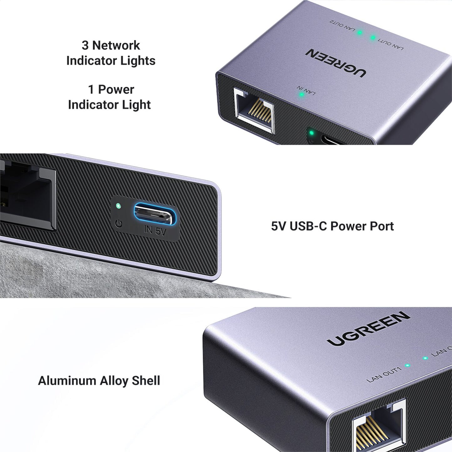 Ugreen 1-to-2 Gigabit Ethernet Splitter, 1000Mbps LAN Network Adapter - alternate product view 3