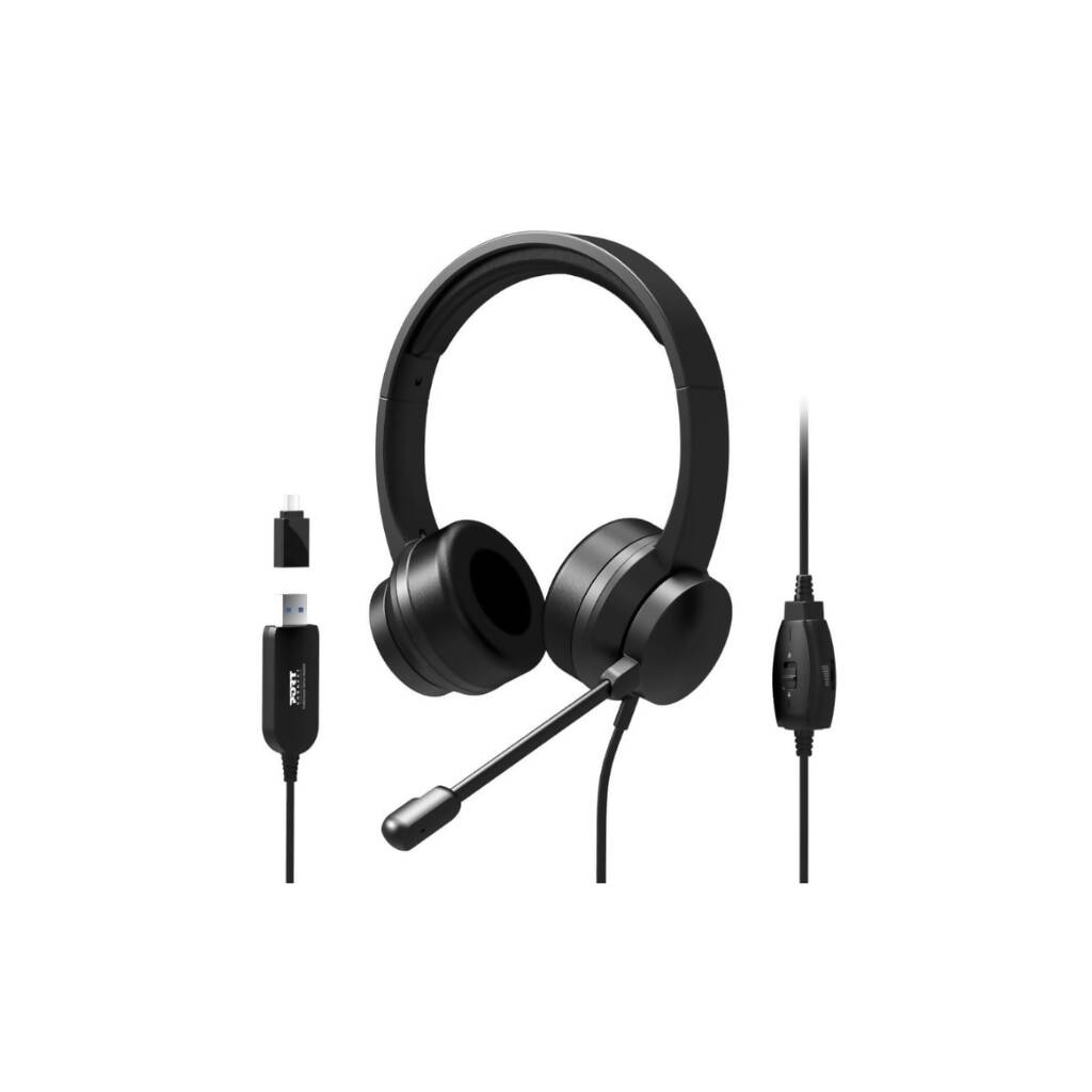 Port Connect USB Headset 1.8m Cable with Mic and Padded/Soft Cushions Black